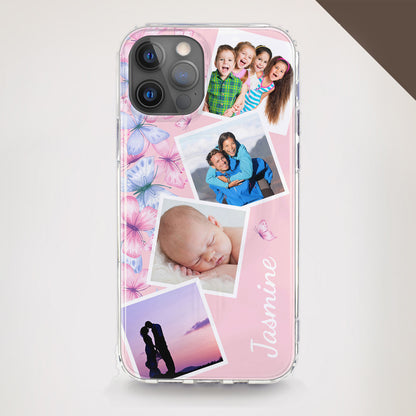Pink butterfly collage phone case with up to 4 photo upload