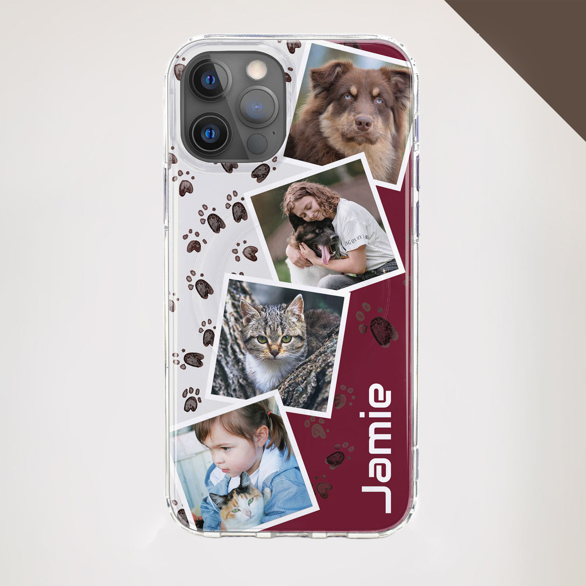 4 Image Collage Red and Beige Phone Case with Paw Prints