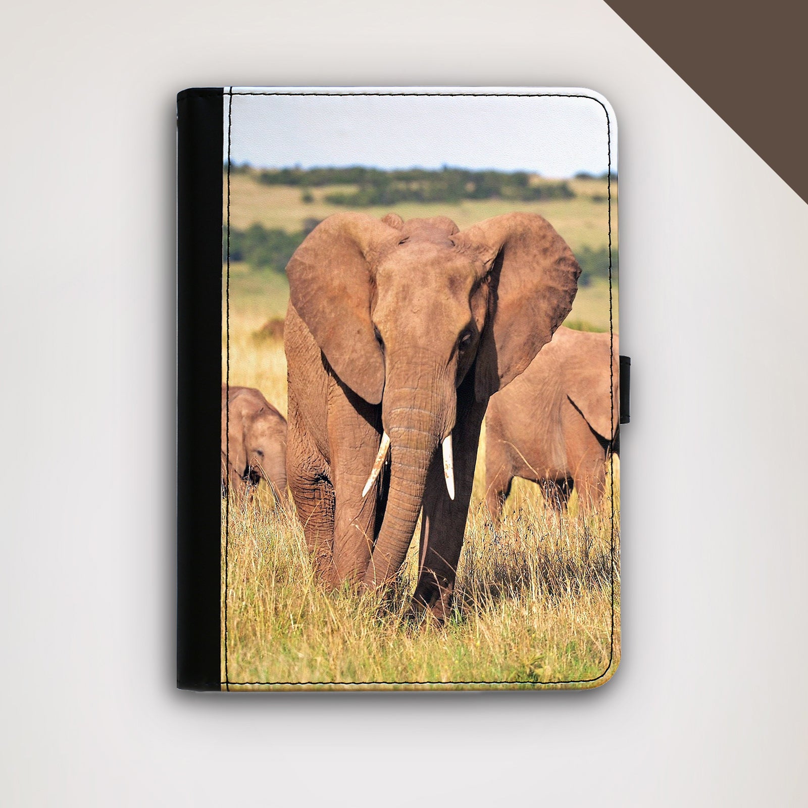 Universally fitted tablet wallet customized with a photo, features of card slots, folding stand and pen holder