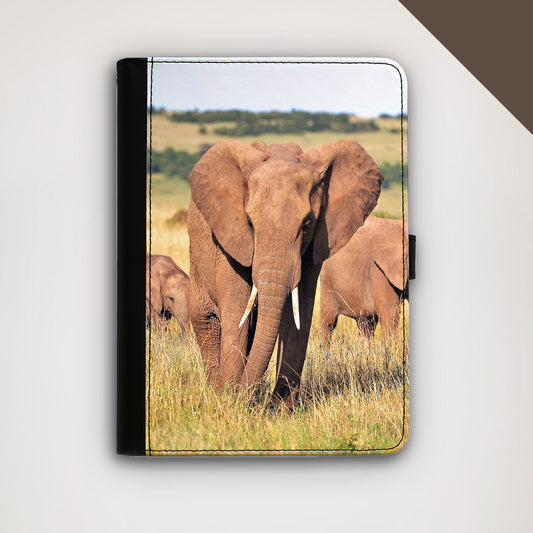 Universally fitted tablet wallet customized with a photo, features of card slots, folding stand and pen holder